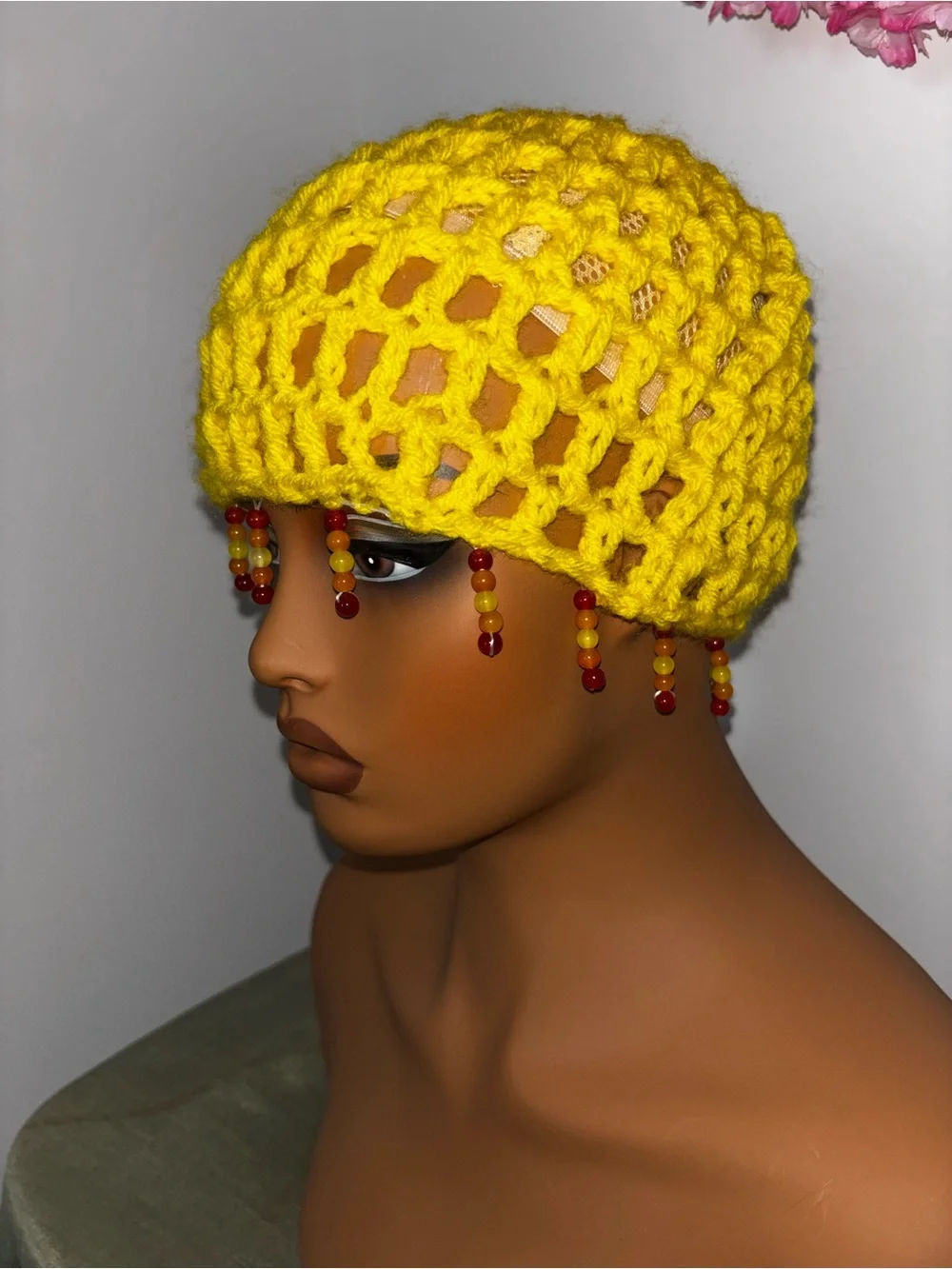 Handmade Yellow Crochet Beanie with Beaded Fringe